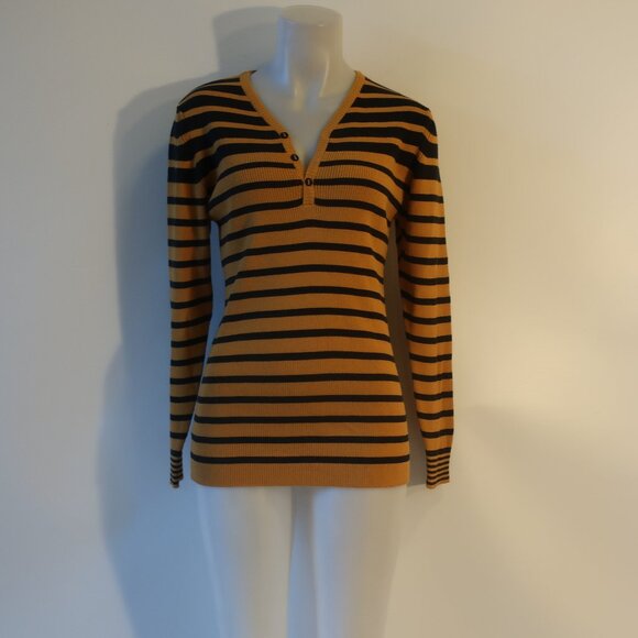 Womens Tween Mustard Yellow Black Brown Wool Blend V-Neck Striped Sweater M - Picture 2 of 8
